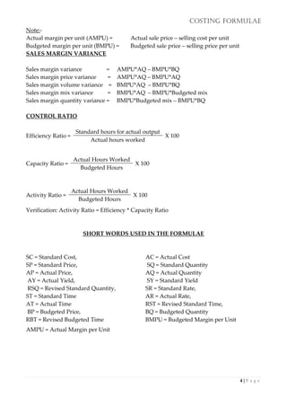 COSTING FORMULAE
4 | P a g e
Note:-
Actual margin per unit (AMPU) = Actual sale price – selling cost per unit
Budgeted margin per unit (BMPU) = Budgeted sale price – selling price per unit
SALES MARGIN VARIANCE
Sales margin variance = AMPU*AQ – BMPU*BQ
Sales margin price variance = AMPU*AQ – BMPU*AQ
Sales margin volume variance = BMPU*AQ – BMPU*BQ
Sales margin mix variance = BMPU*AQ – BMPU*Budgeted mix
Sales margin quantity variance = BMPU*Budgeted mix – BMPU*BQ
CONTROL RATIO
Efficiency Ratio =
Standard hours for actual output
X 100
Actual hours worked
Verification: Activity Ratio = Efficiency * Capacity Ratio
SHORT WORDS USED IN THE FORMULAE
SC = Standard Cost, AC = Actual Cost
SP = Standard Price, SQ = Standard Quantity
AP = Actual Price, AQ = Actual Quantity
AY = Actual Yield, SY = Standard Yield
RSQ = Revised Standard Quantity, SR = Standard Rate,
ST = Standard Time AR = Actual Rate,
AT = Actual Time RST = Revised Standard Time,
BP = Budgeted Price, BQ = Budgeted Quantity
RBT = Revised Budgeted Time BMPU = Budgeted Margin per Unit
AMPU = Actual Margin per Unit
Capacity Ratio =
Actual Hours Worked
X 100
Budgeted Hours
Activity Ratio =
Actual Hours Worked
X 100
Budgeted Hours
 