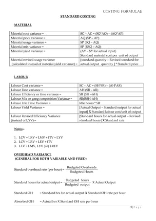 COSTING FORMULAE
5 | P a g e
STANDARD COSTING
MATERIAL
Material cost variance = SC – AC = (SQ*AQ) – (AQ*AP)
Material price variance = AQ (SP – AP)
Material usage variance = SP (SQ – AQ)
Material mix variance = SP (RSQ – AQ)
Material yield variance = (AY – SY for actual input)
Standard material cost per unit of output
Material revised usage variance
(calculated instead of material yield variance) =
[standard quantity – Revised standard for
actual output quantity ] * Standard price
LABOUR
Labour Cost variance = SC – AC = (SH*SR) – (AH*AR)
Labour Rate variance = AH (SR - AR)
Labour Efficiency or time variance = SR (SH –AH)
Labour Mix or gang composition Variance = SR(RSH-AH)
Labour Idle Time Variance = Idle hours * SR
Labour Yield Variance = [Actual Output – Standard output for actual
input] X Standard labour cost/unit of output
Labour Revised Efficiency Variance
(instead of LYV) =
[Standard hours for actual output – Revised
standard hours] X Standard rate
Notes:-
1. LCV = LRV + LMV + ITV + LYV
2. LCV = LRV + LEV + ITV
3. LEV = LMV, LYV (or) LREV
OVERHEAD VARIANCE
(GENERAL FOR BOTH VARIABLE AND FIXED)
Standard overhead rate (per hour) =
Budgeted Overheads
Budgeted Hours
Standard OH = Standard hrs for actual output X Standard OH rate per hour
Absorbed OH = Actual hrs X Standard OH rate per hour
Standard hours for actual output =
Budgeted hours
X Actual Output
Budgeted output
 