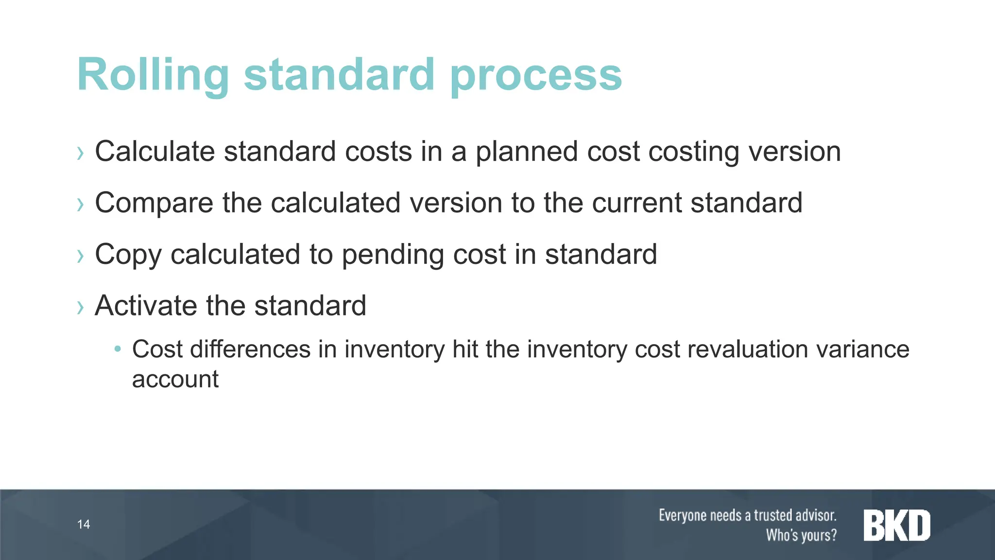 › Calculate standard costs in a planned cost costing version
› Compare the calculated version to the current standard
› Copy calculated to pending cost in standard
› Activate the standard
• Cost differences in inventory hit the inventory cost revaluation variance
account
14
Rolling standard process
 