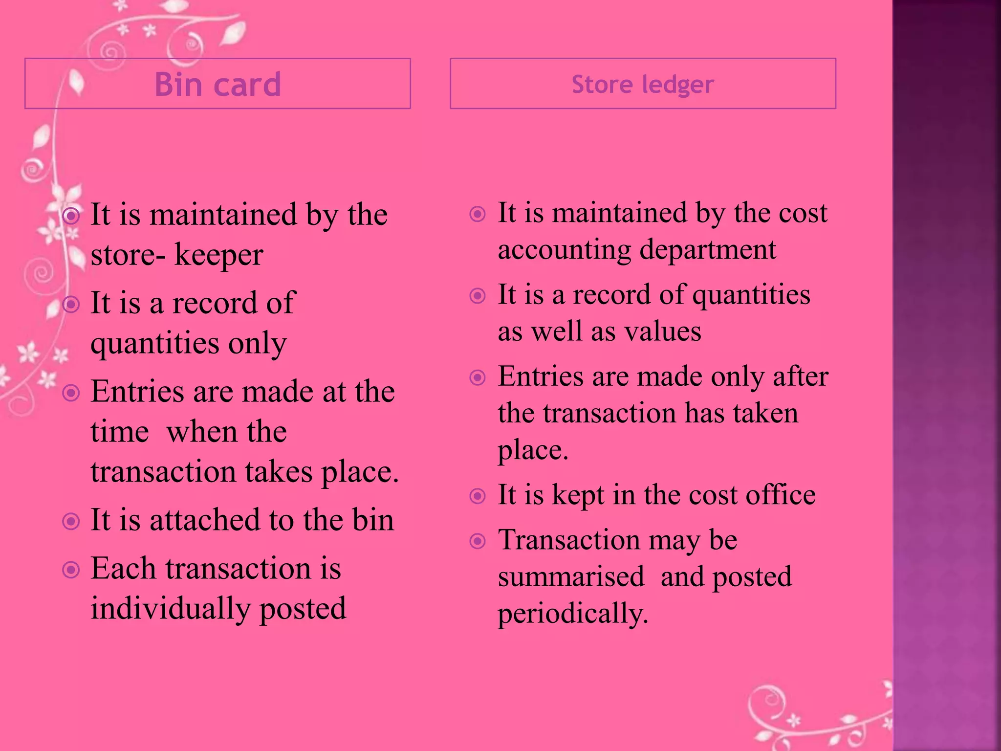 Bin card Store ledger
 It is maintained by the
store- keeper
 It is a record of
quantities only
 Entries are made at the
time when the
transaction takes place.
 It is attached to the bin
 Each transaction is
individually posted
 It is maintained by the cost
accounting department
 It is a record of quantities
as well as values
 Entries are made only after
the transaction has taken
place.
 It is kept in the cost office
 Transaction may be
summarised and posted
periodically.
 