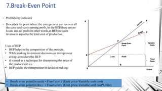 7.Break-Even Point
• Profitability indicator
• Describes the point where the entrepreneur can recover all
the costs and starts earning profit.At the BEP,there are no
losses and no profit.In other words,at BEP,the sales
revenue is equal to the total cost of production.
Uses of BEP
• BEP helps in the comparision of the projects.
• While making investment decisions,an entrepreneur
always considers the BEP.
• it is used as a technique for determining the price of
the product/service.
• BEP guides the entrepreneur in decision making.
• Break even point(in unit) = Fixed cost / (Unit price-Variable unit cost)
• Break even point(in Rs.) = Fixed cost / (Unit price-Variable unit cost*Units)
 