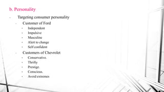 b. Personality
- Targeting consumer personality
- Customer of Ford
• Independent
• Impulsive
• Masculine
• Alert to change
• Self confident
- Customers of Chevrolet
• Conservative.
• Thrifty
• Prestige.
• Conscious.
• Avoid extremes
 