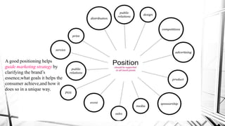 A good positioning helps
guide marketing strategy by
clarifying the brand’s
essence,what goals it helps the
consumer achieve,and how it
does so in a unique way.
 