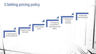 5.Setting pricing policy
1.Selecting the
pricing objective
2.Determining
demand
3.Estimating
costs
4.Analyzing
competitors’
costs,prices and
offers
5.Selecting a
pricing
method
6.Selecting
the final price
 