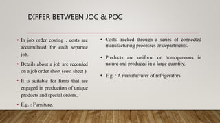 DIFFER BETWEEN JOC & POC
• In job order costing , costs are
accumulated for each separate
job.
• Details about a job are recorded
on a job order sheet (cost sheet )
• It is suitable for firms that are
engaged in production of unique
products and special orders.,
• E.g. : Furniture.
• Costs tracked through a series of connected
manufacturing processes or departments.
• Products are uniform or homogeneous in
nature and produced in a large quantity.
• E.g. : A manufacturer of refrigerators.
 