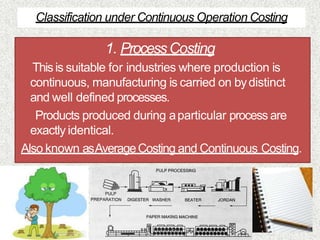 Classification under Continuous Operation Costing
1. ProcessCosting
Thisis suitable for industries where production is
continuous, manufacturing is carried on bydistinct
and well defined processes.
Products produced during aparticular process are
exactly identical.
Also known asAverageCosting and Continuous Costing.
 