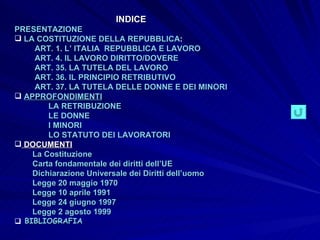 INDICE PRESENTAZIONE   LA COSTITUZIONE DELLA REPUBBLICA : ART. 1. L’ ITALIA  REPUBBLICA E LAVORO ART. 4. IL LAVORO DIRITTO/DOVERE ART. 35. LA TUTELA DEL LAVORO ART. 36. IL PRINCIPIO RETRIBUTIVO ART. 37. LA TUTELA DELLE DONNE E DEI MINORI APPROFONDIMENTI LA RETRIBUZIONE LE DONNE I MINORI LO STATUTO DEI LAVORATORI DOCUMENTI La Costituzione Carta fondamentale dei diritti dell’UE Dichiarazione Universale dei Diritti dell’uomo Legge 20 maggio 1970 Legge 10 aprile 1991 Legge 24 giugno 1997 Legge 2 agosto 1999 BIBLIOGRAFIA 