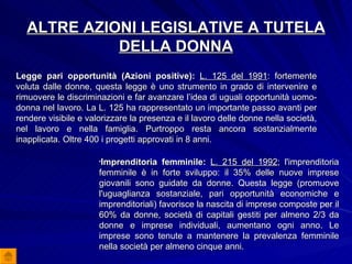 ALTRE AZIONI LEGISLATIVE A TUTELA DELLA DONNA Imprenditoria femminile:   L. 215 del 1992 ; l'imprenditoria femminile è in forte sviluppo: il 35% delle nuove imprese giovanili sono guidate da donne. Questa legge (promuove l'uguaglianza sostanziale, pari opportunità economiche e imprenditoriali) favorisce la nascita di imprese composte per il 60% da donne, società di capitali gestiti per almeno 2/3 da donne e imprese individuali, aumentano ogni anno. Le imprese sono tenute a mantenere la prevalenza femminile nella società per almeno cinque anni.  Legge pari opportunità (Azioni positive):   L. 125 del 1991 : fortemente voluta dalle donne, questa legge è uno strumento in grado di intervenire e rimuovere le discriminazioni e far avanzare l’idea di uguali opportunità uomo-donna nel lavoro. La L. 125 ha rappresentato un importante passo avanti per rendere visibile e valorizzare la presenza e il lavoro delle donne nella società, nel lavoro e nella famiglia. Purtroppo resta ancora sostanzialmente inapplicata. Oltre 400 i progetti approvati in 8 anni. 