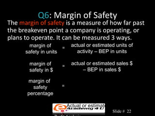 Q6: Margin of Safety
The margin of safety is a measure of how far past
the breakeven point a company is operating, or
plans to operate. It can be measured 3 ways.
        margin of        =
                             actual or estimated units of
      safety in units          activity – BEP in units

       margin of         =
                             actual or estimated sales $
       safety in $                – BEP in sales $

       margin of             Margin of safety in units
         safety         =
                             Actual or estimated units
       percentage
                              Margin of safety in $
                         =
                           Actual or estimated sales $
                     Chapter 3: Cost-Volume-   Slide # 22
 
