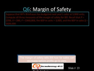 Q6: Margin of Safety
Suppose that Bill’s Briefcases has budgeted next year’s sales at 5,000 units.
Compute all three measures of the margin of safety for Bill. Recall that P =
$200, V = $80, F = $360,000, the BEP in units = 3,000, and the BEP in sales $ =
$600,000.




             The margin of safety tells Bill how far sales can
                  decrease before profits go to zero.

                          Chapter 3: Cost-Volume-           Slide # 23
 