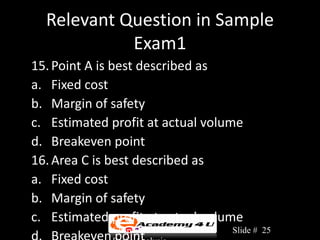 Relevant Question in Sample
            Exam1
15. Point A is best described as
a. Fixed cost
b. Margin of safety
c. Estimated profit at actual volume
d. Breakeven point
16. Area C is best described as
a. Fixed cost
b. Margin of safety
c. Estimated profit at actual volume
             Chapter 3: Cost-Volume-   Slide # 25
 