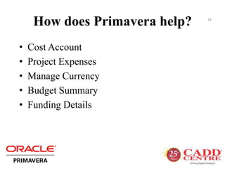 How does Primavera help?
• Cost Account
• Project Expenses
• Manage Currency
• Budget Summary
• Funding Details
18
 