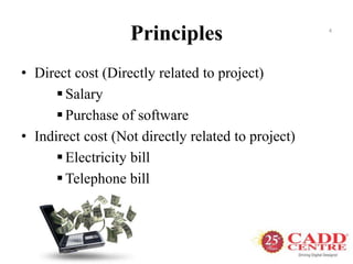 Principles
• Direct cost (Directly related to project)
Salary
Purchase of software
• Indirect cost (Not directly related to project)
Electricity bill
Telephone bill
4
 