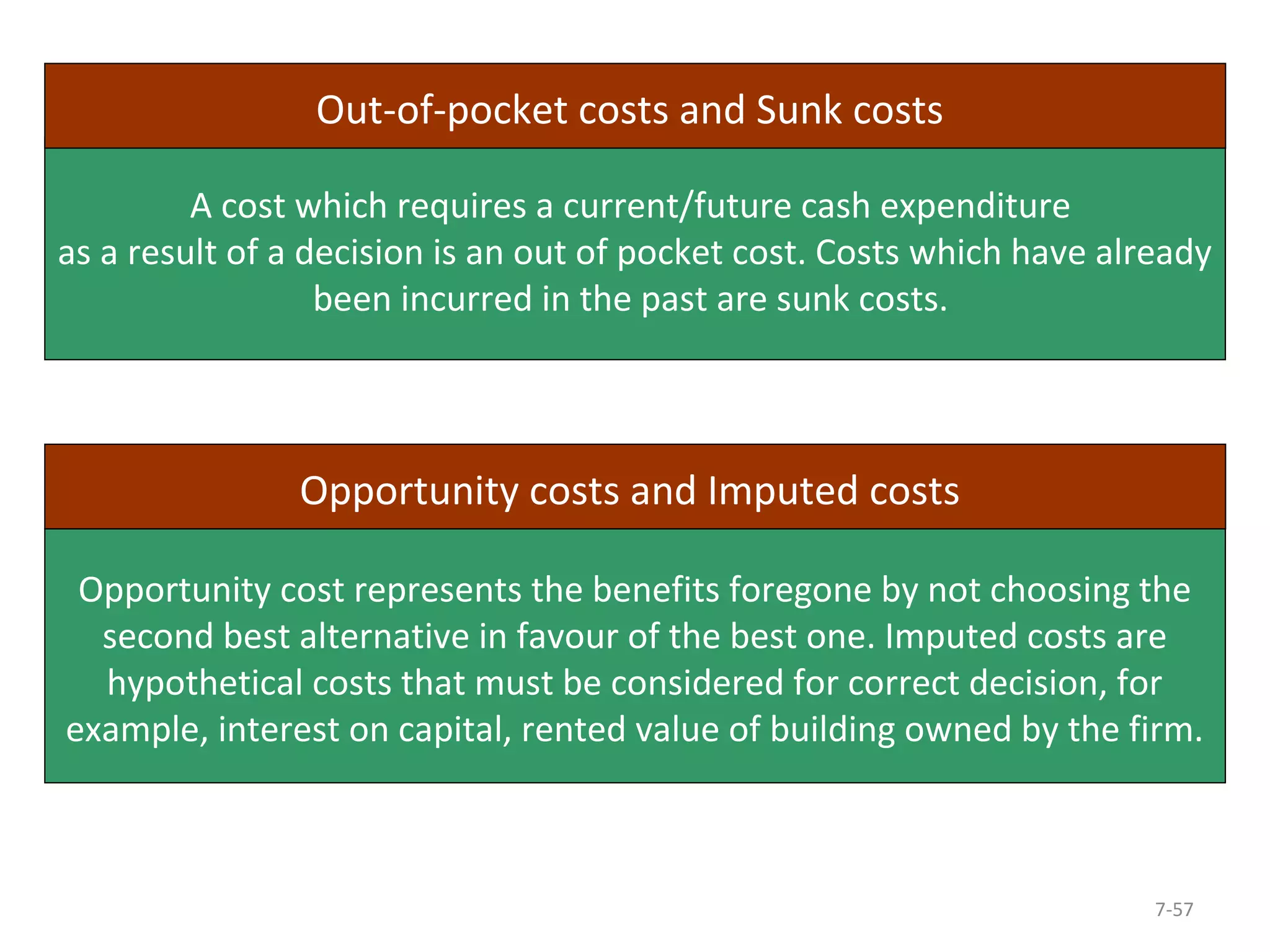7-57 
Out-of-pocket costs and Sunk costs 
A cost which requires a current/future cash expenditure 
as a result of a decision is an out of pocket cost. Costs which have already 
been incurred in the past are sunk costs. 
Opportunity costs and Imputed costs 
Opportunity cost represents the benefits foregone by not choosing the 
second best alternative in favour of the best one. Imputed costs are 
hypothetical costs that must be considered for correct decision, for 
example, interest on capital, rented value of building owned by the firm. 
 
