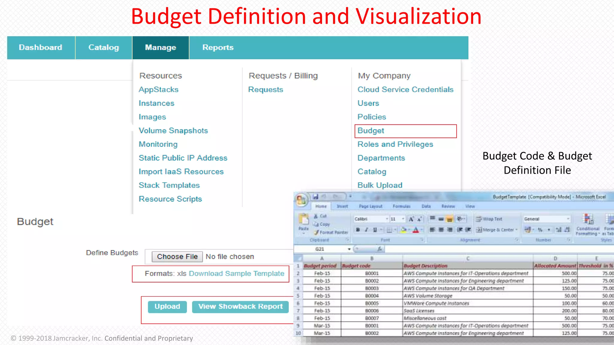 Budget Definition and Visualization
8
© 1999-2018 Jamcracker, Inc. Confidential and Proprietary
Budget Code & Budget
Definition File
 