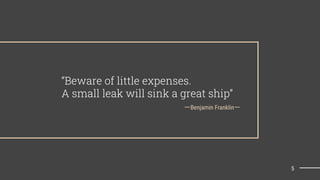 一Benjamin Franklin一
“Beware of little expenses.
A small leak will sink a great ship”
5
 