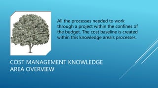 COST MANAGEMENT KNOWLEDGE
AREA OVERVIEW
All the processes needed to work
through a project within the confines of
the budget. The cost baseline is created
within this knowledge area’s processes.
 