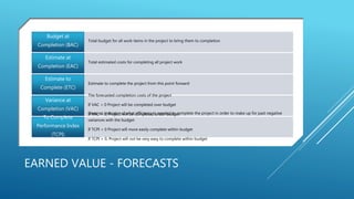 EARNED VALUE - FORECASTS
Total budget for all work items in the project to bring them to completion
Budget at
Completion (BAC)
Total estimated costs for completing all project work
Estimate at
Completion (EAC)
Estimate to complete the project from this point forward
Estimate to
Complete (ETC)
The forecasted completion costs of the project
If VAC < 0 Project will be completed over budget
If VAC > 0, Project will be completed under budget
Variance at
Completion (VAC)
Gives an indicator of what efficiency is needed to complete the project in order to make up for past negative
variances with the budget
If TCPI < 0 Project will more easily complete within budget
If TCPI > 0, Project will not be very easy to complete within budget
To Complete
Performance Index
(TCPI)
 