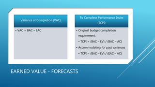 EARNED VALUE - FORECASTS
Variance at Completion (VAC)
• VAC = BAC – EAC
To Complete Performance Index
(TCPI)
• Original budget completion
requirement:
• TCPI = (BAC – EV) / (BAC – AC)
• Accommodating for past variances
• TCPI = (BAC – EV) / (EAC – AC)
 