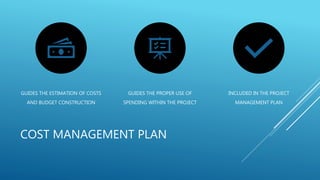 COST MANAGEMENT PLAN
GUIDES THE ESTIMATION OF COSTS
AND BUDGET CONSTRUCTION
GUIDES THE PROPER USE OF
SPENDING WITHIN THE PROJECT
INCLUDED IN THE PROJECT
MANAGEMENT PLAN
 