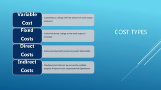 COST TYPES
• Costs that can change with the amount of work output
produced
Variable
Cost
• Costs that do not change as the...