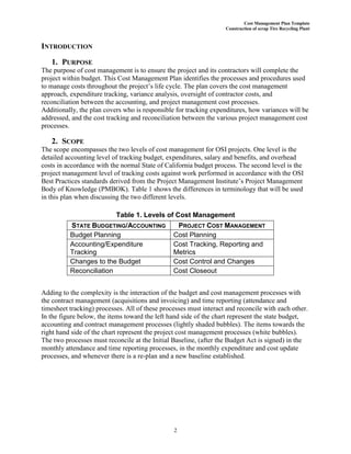 Cost Management Plan Template
Construction of scrap Tire Recycling Plant
2
INTRODUCTION
1. PURPOSE
The purpose of cost management is to ensure the project and its contractors will complete the
project within budget. This Cost Management Plan identifies the processes and procedures used
to manage costs throughout the project’s life cycle. The plan covers the cost management
approach, expenditure tracking, variance analysis, oversight of contractor costs, and
reconciliation between the accounting, and project management cost processes.
Additionally, the plan covers who is responsible for tracking expenditures, how variances will be
addressed, and the cost tracking and reconciliation between the various project management cost
processes.
2. SCOPE
The scope encompasses the two levels of cost management for OSI projects. One level is the
detailed accounting level of tracking budget, expenditures, salary and benefits, and overhead
costs in accordance with the normal State of California budget process. The second level is the
project management level of tracking costs against work performed in accordance with the OSI
Best Practices standards derived from the Project Management Institute’s Project Management
Body of Knowledge (PMBOK). Table 1 shows the differences in terminology that will be used
in this plan when discussing the two different levels.
Table 1. Levels of Cost Management
STATE BUDGETING/ACCOUNTING PROJECT COST MANAGEMENT
Budget Planning Cost Planning
Accounting/Expenditure
Tracking
Cost Tracking, Reporting and
Metrics
Changes to the Budget Cost Control and Changes
Reconciliation Cost Closeout
Adding to the complexity is the interaction of the budget and cost management processes with
the contract management (acquisitions and invoicing) and time reporting (attendance and
timesheet tracking) processes. All of these processes must interact and reconcile with each other.
In the figure below, the items toward the left hand side of the chart represent the state budget,
accounting and contract management processes (lightly shaded bubbles). The items towards the
right hand side of the chart represent the project cost management processes (white bubbles).
The two processes must reconcile at the Initial Baseline, (after the Budget Act is signed) in the
monthly attendance and time reporting processes, in the monthly expenditure and cost update
processes, and whenever there is a re-plan and a new baseline established.
 