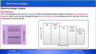 Determine Budget: Outputs
Cost Baseline
The cost baseline is the approved version of the time-phased project budget, excluding any management
reserves, which can only be changed through formal change control procedures and is used as a basis for
comparison to actual results.
Prepared by Presented by:
Engr. Mohamed Eid , PMP® Engr. Tarek Khairy , PMP®
 
