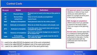 PV - used to be called BCWS (budgeted cost of the work scheduled)
EV - used to be called BCWP (budgeted cost of the work performed)
AC - used to be called ACWP ( actual cost of the work performed)
Prepared by Presented by:
Engr. Mohamed Eid , PMP® Engr. Tarek Khairy , PMP®
PV (planned value) is a schedule
reference. It refers to how much
money you were planning to
spend on a project at some point
in the project schedule.
BAC (budget at completion)
refers to how much you planned
to spend for the entire project.
This is an output of the planning
phase.
Earned value. Earned value (EV)
is a measure of work performed
expressed in terms of the budget
authorized for that work. It is the
budget associated with the
authorized work that has been
completed.
 