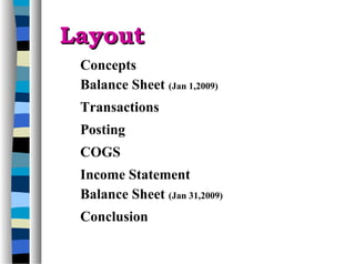 LayoutLayout
Concepts
Balance Sheet (Jan 1,2009)
Transactions
Posting
COGS
Income Statement
Balance Sheet (Jan 31,2009)
Conclusion
 