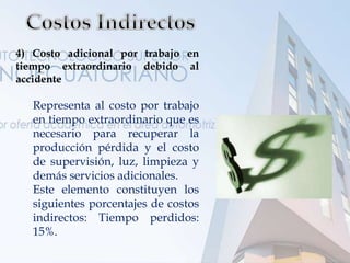4) Costo adicional por trabajo en
tiempo extraordinario debido al
accidente
Representa al costo por trabajo
en tiempo extraordinario que es
necesario para recuperar la
producción pérdida y el costo
de supervisión, luz, limpieza y
demás servicios adicionales.
Este elemento constituyen los
siguientes porcentajes de costos
indirectos: Tiempo perdidos:
15%.
 