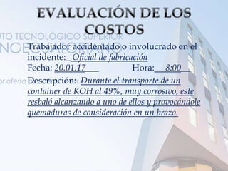  Trabajador accidentado o involucrado en el
incidente:_ Oficial de fabricación
Fecha: 20.01.17___ Hora: 8:00__
 Descripción: Durante el transporte de un
container de KOH al 49%, muy corrosivo, este
resbaló alcanzando a uno de ellos y provocándole
quemaduras de consideración en un brazo.
 
