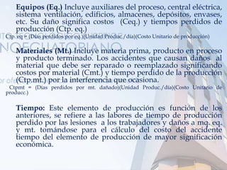  Equipos (Eq.) Incluye auxiliares del proceso, central eléctrica,
sistema ventilación, edificios, almacenes, depósitos, envases,
etc. Su daño significa costos (Ceq.) y tiempos perdidos de
producción (Ctp. eq.)
Ctp. eq = (Días perdidos por eq.)(Unidad Produc./día)(Costo Unitario de producción)
 Materiales (Mt.) Incluye materia prima, producto en proceso
y producto terminado. Los accidentes que causan daños al
material que debe ser reparado o reemplazado significando
costos por material (Cmt.) y tiempo perdido de la producción
(Ctp.mt.) por la interferencia que ocasiona.
Ctpmt = (Días perdidos por mt. dañado)(Unidad Produc./día)(Costo Unitario de
producc.)
 Tiempo: Este elemento de producción es función de los
anteriores, se refiere a las labores de tiempo de producción
perdido por las lesiones a los trabajadores y daños a mq. eq.
y mt. tomándose para el cálculo del costo del accidente
tiempo del elemento de producción de mayor significación
económica.
 