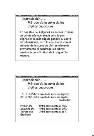 10
Depreciación........
Método de la suma de los
digitos cuadrados
En nuestro país algunas empresas utilizan
un curva más acelerada para lograr
depreciar lo más rápido posible el costo
de adquisición, para lo cual modifican el
método de la suma de dígitos elevando
previamente al cuadrado las cifras,
quedando para 5 años, de la siguiente
manera:
Depreciación........
Método de la suma de los
digitos cuadrados
5+ 4+3+2+1=15 (Método suma de dígitos)
25+16+9+4+1=55 (Método suma de dígitos
cuadrados)
Primer año 5/55 equivalente al 46%
Segundo año 4/55 equivalente al 29%
Tercer año 3/55 equivalente al 16%
Etcétera.
 