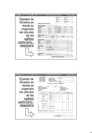 18
Ejemplo de
formato en
donde se
organizan
los cálculos
de los
análisis
costo hora -
maquinaria
Ejemplo de
formato en
donde se
organizan
los cálculos
de los
análisis
costo hora -
maquinaria
 
