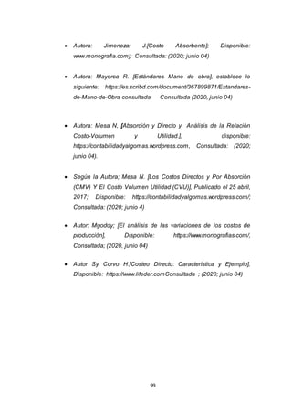 99
 Autora: Jimeneza; J.[Costo Absorbente]; Disponible:
www.monografia.com]; Consultada: (2020; junio 04)
 Autora: Mayorca R. [Estándares Mano de obra], establece lo
siguiente: https://es.scribd.com/document/367899871/Estandares-
de-Mano-de-Obra consultada Consultada (2020, junio 04)
 Autora: Mesa N, [Absorción y Directo y Análisis de la Relación
Costo-Volumen y Utilidad.], disponible:
https://contabilidadyalgomas.wordpress.com, Consultada: (2020;
junio 04).
 Según la Autora; Mesa N. [Los Costos Directos y Por Absorción
(CMV) Y El Costo Volumen Utilidad (CVU)], Publicado el 25 abril,
2017; Disponible: https://contabilidadyalgomas.wordpress.com/;
Consultada: (2020; junio 4)
 Autor: Mgodoy; [El análisis de las variaciones de los costos de
producción], Disponible: https://www.monografias.com/,
Consultada; (2020, junio 04)
 Autor Sy Corvo H.[Costeo Directo: Característica y Ejemplo],
Disponible: https://www.lifeder.comConsultada ; (2020; junio 04)
 