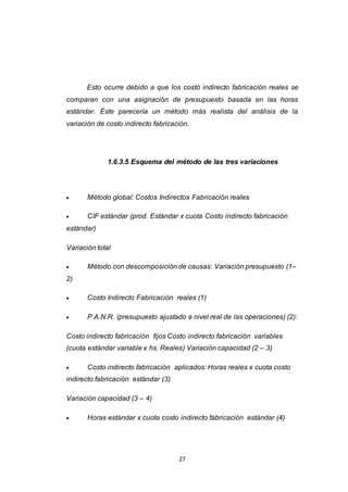 27
Esto ocurre debido a que los costó indirecto fabricación reales se
comparan con una asignación de presupuesto basada en las horas
estándar. Éste parecería un método más realista del análisis de la
variación de costo indirecto fabricación.
1.6.3.5 Esquema del método de las tres variaciones
 Método global: Costos Indirectos Fabricación reales
 CIF estándar (prod. Estándar x cuota Costo indirecto fabricación
estándar)
Variación total
 Método con descomposición de causas: Variación presupuesto (1–
2)
 Costo Indirecto Fabricación reales (1)
 P.A.N.R. (presupuesto ajustado a nivel real de las operaciones) (2):
Costo indirecto fabricación fijos Costo indirecto fabricación variables
(cuota estándar variable x hs. Reales) Variación capacidad (2 – 3)
 Costo indirecto fabricación aplicados: Horas reales x cuota costo
indirecto fabricación estándar (3)
Variación capacidad (3 – 4)
 Horas estándar x cuota costo indirecto fabricación estándar (4)
 