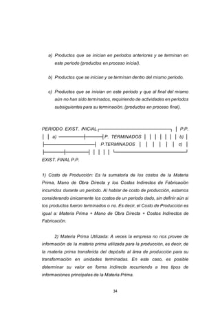 34
a) Productos que se inician en períodos anteriores y se terminan en
este período (productos en proceso inicial).
b) Productos que se inician y se terminan dentro del mismo período.
c) Productos que se inician en este período y que al final del mismo
aún no han sido terminados, requiriendo de actividades en períodos
subsiguientes para su terminación. (productos en proceso final).
PERIODO EXIST. INICIAL┌───────────────────────┐ │ P.P.
│ │ a) ────────┼─────┤P. TERMINADOS │ │ │ │ │ │ │ b) │
├────────────────┤ P.TERMINADOS │ │ │ │ │ │ c) │
├──────┼───────┤ │ │ │ │ └───────────────────────┘
EXIST. FINAL P.P.
1) Costo de Producción: Es la sumatoria de los costos de la Materia
Prima, Mano de Obra Directa y los Costos Indirectos de Fabricación
incurridos durante un período. Al hablar de costo de producción, estamos
considerando únicamente los costos de un período dado, sin definir aún si
los productos fueron terminados o no. Es decir, el Costo de Producción es
igual a: Materia Prima + Mano de Obra Directa + Costos Indirectos de
Fabricación.
2) Materia Prima Utilizada: A veces la empresa no nos provee de
información de la materia prima utilizada para la producción, es decir, de
la materia prima transferida del depósito al área de producción para su
transformación en unidades terminadas. En este caso, es posible
determinar su valor en forma indirecta recurriendo a tres tipos de
informaciones principales de la Materia Prima.
 