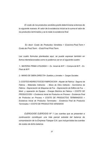 37
El costo de los productos vendidos podrá determinarse entonces de
la siguiente manera: Al valor de la existencia inicial se le suma el valor de
los productos terminados y se le resta la existencia final.
Es decir: Costo de Productos Vendidos = Exist.Inic.Prod.Term.+
Costo de Prod.Term. - Exist.Final Prod.Term.
Las cuatro formulas planteadas aquí, se puede expresar también en
forma interrelacionadas como lo podemos ver en el siguiente cuadro:
1.- MATERIA PRIMA UTILIZADA = Ex. Inicial de M.P. + Compra de M.P. - Ex.
Final de M.P.
2.- MANO DE OBRA DIRECTA= Sueldos y Jornales + Cargas Sociales
3.-COSTOS INDIRECTOS DE FABRICACION - Alquiler de Fábrica - Seguros de
Fábrica - Materiales Indirectos - Mano de Obra Indirecta - Suministros de
Fábrica - Depreciación de Maquinas de Fca. - Depreciación de Edificio de Fca. -
Mant. y reparación de Equipos - Energía Eléctrica de Fábrica = COSTO DE
PRODUCCION + Existencia Inicial de Productos en Proceso - Existencia Final
de Productos en Proceso = COSTO DE PRODUCTOS TERMINADOS +
Existencia Inicial de Productos Terminados - Existencia Final de Productos
Terminados = COSTO DE PRODUCTOS VENDIDOS
EJERCICIOS EJERCICIO Nº 1 Las cuentas que se presentan a
continuación constituyen una lista parcial extraída del balance de
comprobación de la Empresa Tubopar S.A. que incluye todas las cuentas
de costos de dicho balance.
 