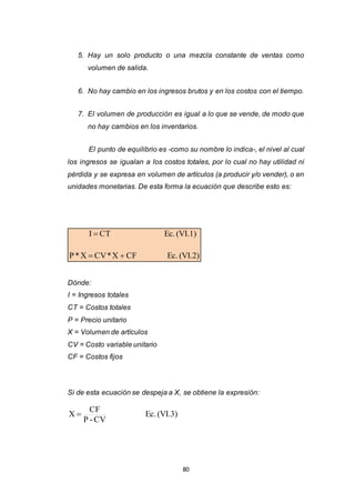 80
5. Hay un solo producto o una mezcla constante de ventas como
volumen de salida.
6. No hay cambio en los ingresos brutos y en los costos con el tiempo.
7. El volumen de producción es igual a lo que se vende, de modo que
no hay cambios en los inventarios.
El punto de equilibrio es -como su nombre lo indica-, el nivel al cual
los ingresos se igualan a los costos totales, por lo cual no hay utilidad ni
pérdida y se expresa en volumen de artículos (a producir y/o vender), o en
unidades monetarias. De esta forma la ecuación que describe esto es:
(VI.2)Ec.CFX*CVX*P
(VI.1)Ec.CTI


Dónde:
I = Ingresos totales
CT = Costos totales
P = Precio unitario
X = Volumen de artículos
CV = Costo variable unitario
CF = Costos fijos
Si de esta ecuación se despeja a X, se obtiene la expresión:
(VI.3)Ec.
CV-P
CF
X 
 