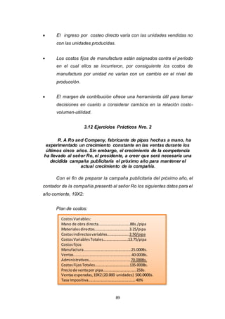 89
 El ingreso por costeo directo varía con las unidades vendidas no
con las unidades producidas.
 Los costos fijos de manufactura están asignados contra el período
en el cual ellos se incurrieron, por consiguiente los costos de
manufactura por unidad no varían con un cambio en el nivel de
producción.
 El margen de contribución ofrece una herramienta útil para tomar
decisiones en cuanto a considerar cambios en la relación costo-
volumen-utilidad.
3.12 Ejercicios Prácticos Nro. 2
R. A Ro and Company, fabricante de pipas hechas a mano, ha
experimentado un crecimiento constante en las ventas durante los
últimos cinco años. Sin embargo, el crecimiento de la competencia
ha llevado al señor Ro, el presidente, a creer que será necesaria una
decidida campaña publicitaria el próximo año para mantener el
actual crecimiento de la compañía.
Con el fin de preparar la campaña publicitaria del próximo año, el
contador de la compañía presentó al señor Ro los siguientes datos para el
año corriente, 19X2:
Plan de costos:
CostosVariables:
Mano de obra directa..............................8Bs./pipa
Materialesdirectos.................................3.25/pipa
Costosindirectosvariables.....................2.50/pipa
CostosVariablesTotales........................13.75/pipa
Costosfijos:
Manufactura.............................................25.000Bs.
Ventas.......................................................40.000Bs.
Administrativos........................................70.000Bs.
CostosFijosTotales.................................135.000Bs.
Preciode ventapor pipa...............................25Bs.
Ventasesperadas,19X2(20.000 unidades) 500.000Bs.
Tasa Impositiva.............................................40%
 