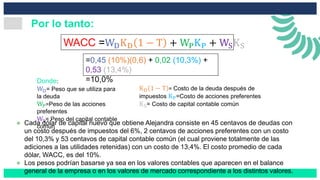 WACC =WDKD 1 − T + WPKP + WSKS
=0,45 (10%)(0,6) + 0,02 (10,3%) +
0,53 (13,4%)
=10,0%Donde:
WD= Peso que se utiliza para
la deuda
WP=Peso de las acciones
preferentes
WS= Peso del capital contable
común
Por lo tanto:
KD 1 − T = Costo de la deuda después de
impuestos KP=Costo de acciones preferentes
KS= Costo de capital contable común
Cada dólar de capital nuevo que obtiene Alejandra consiste en 45 centavos de deudas con
un costo después de impuestos del 6%, 2 centavos de acciones preferentes con un costo
del 10,3% y 53 centavos de capital contable común (el cual proviene totalmente de las
adiciones a las utilidades retenidas) con un costo de 13,4%. El costo promedio de cada
dólar, WACC, es del 10%.
Los pesos podrían basarse ya sea en los valores contables que aparecen en el balance
general de la empresa o en los valores de mercado correspondiente a los distintos valores.
 