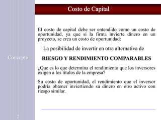 Costo de Capital
Concepto
2
El costo de capital debe ser entendido como un costo de
oportunidad, ya que si la firma invierte dinero en un
proyecto, se crea un costo de oportunidad:
La posibilidad de invertir en otra alternativa de
RIESGO Y RENDIMIENTO COMPARABLES
¿Que es lo que determina el rendimiento que los inversores
exigen a los títulos de la empresa?
Su costo de oportunidad, el rendimiento que el inversor
podría obtener inviertiendo su dinero en otro activo con
riesgo similar.
 