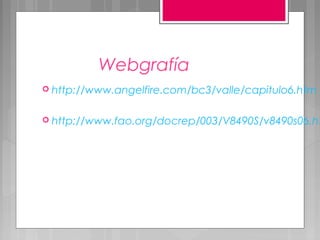Webgrafía
 http://www.angelfire.com/bc3/valle/capitulo6.htm


 http://www.fao.org/docrep/003/V8490S/v8490s06.ht
 