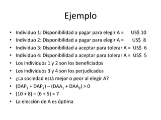 Ejemplo	
  
•  Individuo	
  1:	
  Disponibilidad	
  a	
  pagar	
  para	
  elegir	
  A	
  =	
  	
  	
  	
  	
  	
  US$	
  10	
  
•  Individuo	
  2:	
  Disponibilidad	
  a	
  pagar	
  para	
  elegir	
  A	
  =	
  	
  	
  	
  	
  	
  	
  US$	
  	
  8	
  
•  Individuo	
  3:	
  Disponibilidad	
  a	
  aceptar	
  para	
  tolerar	
  A	
  =	
  	
  US$	
  	
  6	
  
•  Individuo	
  4:	
  Disponibilidad	
  a	
  aceptar	
  para	
  tolerar	
  A	
  =	
  	
  US$	
  	
  5	
  
•  Los	
  individuos	
  1	
  y	
  2	
  son	
  los	
  beneﬁciados	
  
•  Los	
  individuos	
  3	
  y	
  4	
  son	
  los	
  perjudicados	
  
•  ¿La	
  sociedad	
  está	
  mejor	
  o	
  peor	
  al	
  elegir	
  A?	
  
•  (DAP1	
  +	
  DAP2)	
  –	
  (DAA1	
  +	
  DAA2)	
  >	
  0	
  
•  (10	
  +	
  8)	
  –	
  (6	
  +	
  5)	
  =	
  7	
  
•  La	
  elección	
  de	
  A	
  es	
  ópDma	
  
 