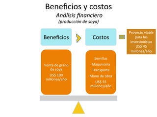 Beneﬁcios	
   Costos	
  
Venta	
  de	
  grano	
  
de	
  soya	
  
US$	
  100	
  
millones/año	
  
Semillas	
  
Maquinaria	
  
Transporte	
  
Mano	
  de	
  obra	
  
US$	
  55	
  
millones/año	
  
Proyecto	
  viable	
  
para	
  los	
  
inversionistas	
  
US$	
  45	
  
millones/año	
  
Beneﬁcios	
  y	
  costos	
  
	
  Análisis	
  ﬁnanciero	
  	
  
(producción	
  de	
  soya)	
  
 