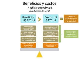 Beneﬁcios	
  
US$	
  220	
  mi	
  
Costos	
  	
  US
$	
  170	
  mi	
  
Semillas,	
  maquinaria,	
  mano	
  
de	
  obra,	
  etc.	
  US$	
  55	
  
millones/año	
  
Deforestación	
  US$	
  25	
  
millones/año	
  	
  
Pérdida	
  de	
  
biodiversidad	
  US$	
  75	
  
millones/año	
  
Emisión	
  de	
  GEI	
  US$	
  
15	
  millones/año	
  
Venta	
  de	
  grano	
  de	
  
soya	
  US$	
  100	
  
millones/año	
  
Desarrollo	
  regional	
  
US$	
  75	
  millones/año	
  	
  
Generación	
  de	
  
fuentes	
  de	
  empleo	
  US
$	
  25	
  millones/año	
  	
  
Promoción	
  del	
  
comercio	
  US$	
  20	
  
millones/año	
  
No	
  siempre	
  	
  	
  
pueden	
  ser	
  	
  
internalizadas	
  
Proyecto	
  
deseable	
  para	
  
la	
  sociedad	
  
Beneﬁcios	
  y	
  costos	
  
	
  Análisis	
  económico	
  	
  
(producción	
  de	
  soya)	
  
 
