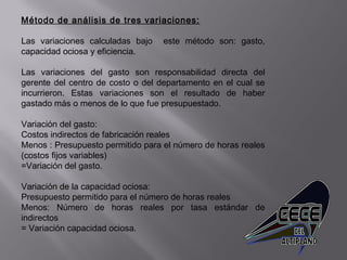 Método de análisis de tres variaciones:
 
Las variaciones calculadas bajo este método son: gasto,
capacidad ociosa y eficiencia.
 
Las variaciones del gasto son responsabilidad directa del
gerente del centro de costo o del departamento en el cual se
incurrieron. Estas variaciones son el resultado de haber
gastado más o menos de lo que fue presupuestado.
 
Variación del gasto:
Costos indirectos de fabricación reales
Menos : Presupuesto permitido para el número de horas reales
(costos fijos variables)
=Variación del gasto.
 
Variación de la capacidad ociosa:
Presupuesto permitido para el número de horas reales
Menos: Número de horas reales por tasa estándar de
indirectos
= Variación capacidad ociosa.
 
 