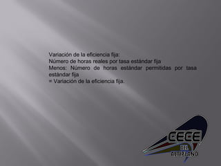Variación de la eficiencia fija:
Número de horas reales por tasa estándar fija
Menos: Número de horas estándar permitidas por tasa
estándar fija
= Variación de la eficiencia fija.
 
 