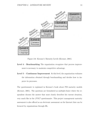 CHAPTER 2. LITERATURE REVIEW                                                  14




             Figure 2.6: Kerzner’s Maturity Levels (Kerzner, 2001)

Level 4 – Benchmarking The organization recognizes that process improve-
     ment is necessary to maintain competitive advantage.

Level 5 – Continuous Improvement At this level, the organization evaluates
     the information obtained through benchmarking and decides how to im-
     prove its processes.


The questionnaire is explained in Kerzner’s book about PM maturity models
(Kerzner, 2001). The questions are formulated as multiple-choice where the re-
spondent chooses the answer that most closely describes his current situation,
very much like in the (P M )2 questionnaire. This project management maturity
assessment is also oﬀered as an electronic assessment on the Internet that can be
licenced by organizations through IIL.
 