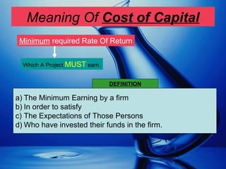 Meaning Of Cost of Capital
Minimum required Rate Of Return
Which A Project MUST earn.
a) The Minimum Earning by a firm
b) In order to satisfy
c) The Expectations of Those Persons
d) Who have invested their funds in the firm.
DEFINITION
 